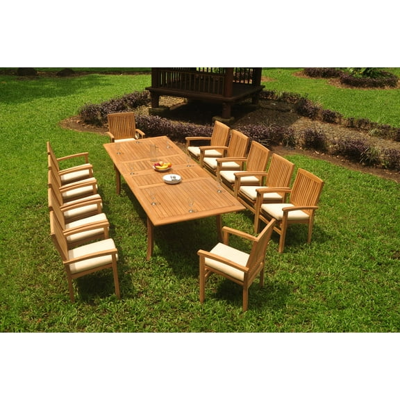 Grade-A Teak Dining Set: 12 Seater 13 Pc: 118" Double Extension Rectangle Table And 12 Wave Stacking Arm Chairs Outdoor Patio WholesaleTeak #WMDSWVt