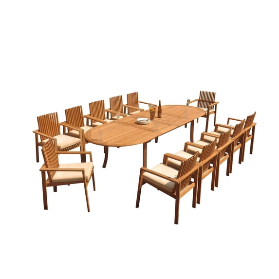 Grade-A Teak Dining Set: 12 Seater 13 Pc: 118" Oval Table And 12 Clipper Stacking Arm Chairs Outdoor Patio WholesaleTeak #51CP2613