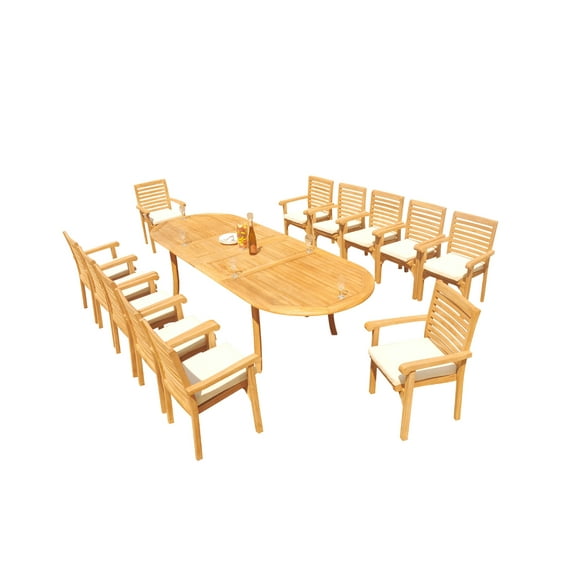 Grade-A Teak Dining Set: 12 Seater 13 Pc: 118" Oval Table And 12 Hari Stacking Arm Chairs Outdoor Patio WholesaleTeak #51HR2613