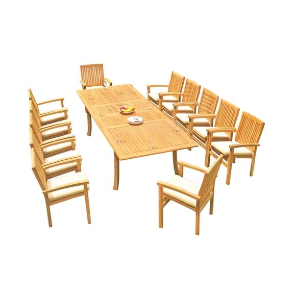 Grade-A Teak Dining Set: 12 Seater 13 Pc: 118" Rectangle Table And 12 Wave Stacking Arm Chairs Outdoor Patio WholesaleTeak #51WV2413