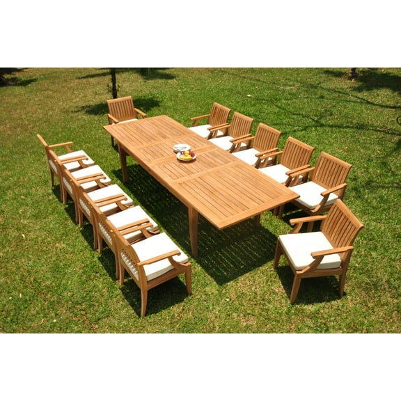 Grade-A Teak Dining Set: 12 Seater 13 Pc: 122" Atnas Double Extension Rectangle Table And 12 Lagos Arm Chairs Outdoor Patio WholesaleTeak #WMLGy