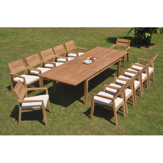 Grade-A Teak Dining Set: 12 Seater 13 Pc: 122" Atnas Double Extension Rectangle Table And 12 Vellore Stacking Arm Chairs WholesaleTeak #WMDSWVm