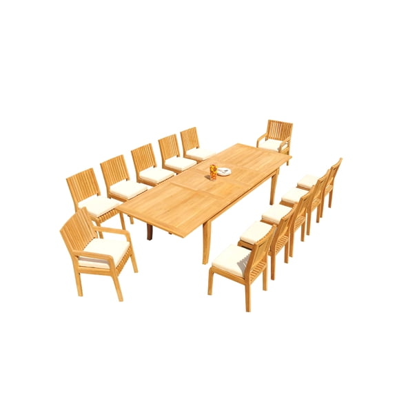 Grade-A Teak Dining Set: 12 Seater 13 Pc: 122" Atnas Rectangle Table And 12 Maldives Chairs (2 Arm & 10 Armless Chairs) WholesaleTeak #51ML2813