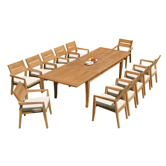 Grade-A Teak Dining Set: 12 Seater 13 Pc: 122" Atnas Rectangle Table And 12 Vellore Stacking Arm Chairs Outdoor Patio WholesaleTeak #51VL2813