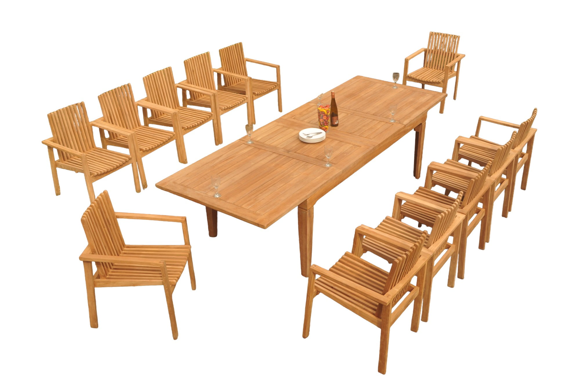 Teak 12-Person Brown Solid Wood Outdoor Dining Set with Stackable Chairs