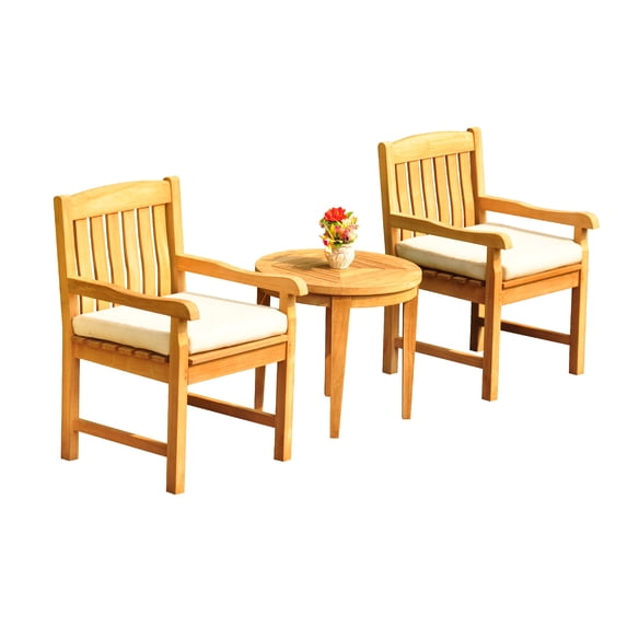 Grade-A Teak Dining Set: 2 Seater 3 Pc: Noida Round Side Table And 2 Devon Arm Chairs Outdoor Patio WholesaleTeak #51DV0503