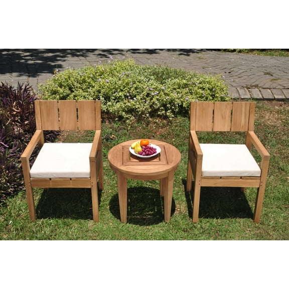Grade-A Teak Dining Set: 2 Seater 3 Pc: Noida Round Side Table And 2 Veranda Arm Chairs Outdoor Patio WholesaleTeak #WMVR34