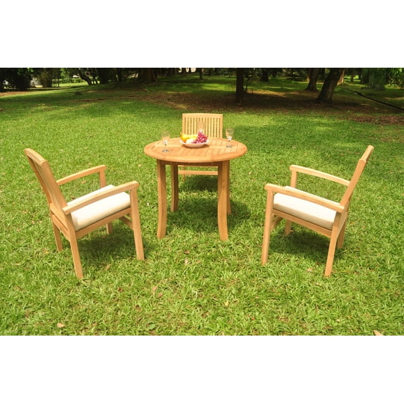 Grade-A Teak Dining Set: 3 Seater 4 Pc: 36" Round Table And 3 Wave Stacking Arm Chairs Outdoor Patio WholesaleTeak #WMDSWVe