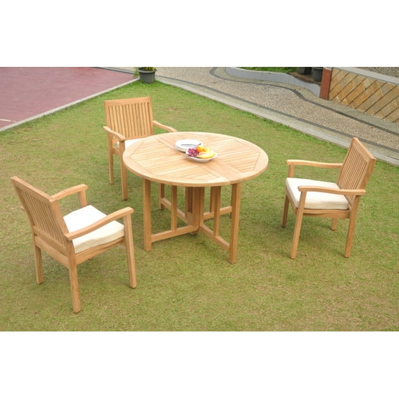 Grade-A Teak Dining Set: 3 Seater 4 Pc: 48" Round Butterfly Table And 3 Leveb Stacking Arm Chairs Outdoor Patio WholesaleTeak #WMDSWVm