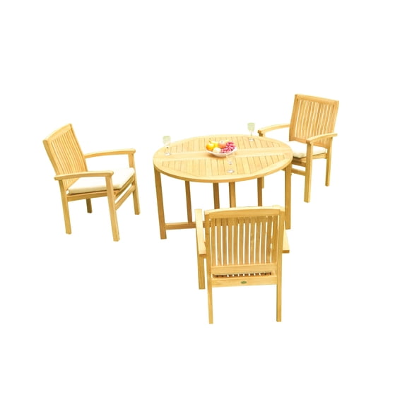 Grade-A Teak Dining Set: 3 Seater 4 Pc: 48" Round Butterfly Table And 3 Wave Stacking Arm Chairs Outdoor Patio WholesaleTeak #51WV0904