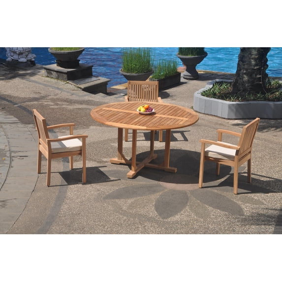 Grade-A Teak Dining Set: 3 Seater 4 Pc: 60" Round Table And 3 Leveb Stacking Arm Chairs Outdoor Patio WholesaleTeak #WMDSWVm