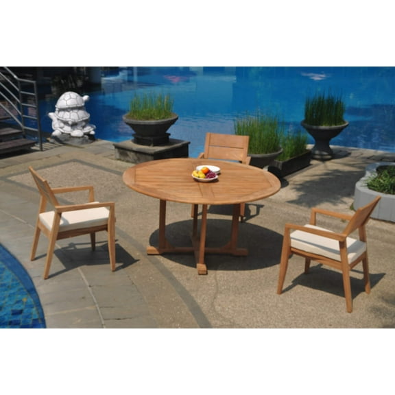 Grade-A Teak Dining Set: 3 Seater 4 Pc: 60" Round Table And 3 Vellore Stacking Arm Chairs Outdoor Patio WholesaleTeak #WMDSWVm
