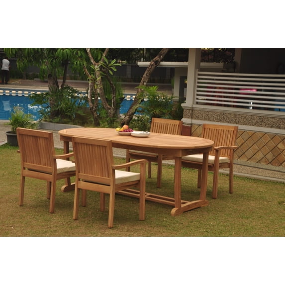 Grade-A Teak Dining Set: 4 Seater 5 Pc: 118" Double Extension Mas Oval Trestle Leg Table And 4 Leveb Stacking Arm Chairs WholesaleTeak #WMDSWVm