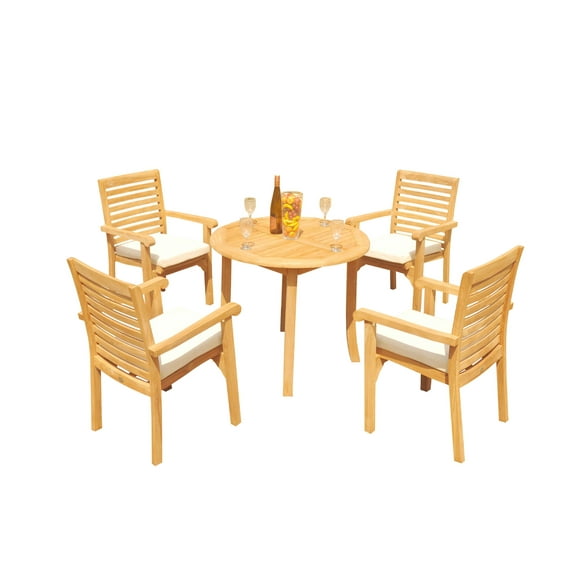 Grade-A Teak Dining Set: 4 Seater 5 Pc: 36" Round Table And 4 Hari Stacking Arm Chairs Outdoor Patio WholesaleTeak #51HR0705