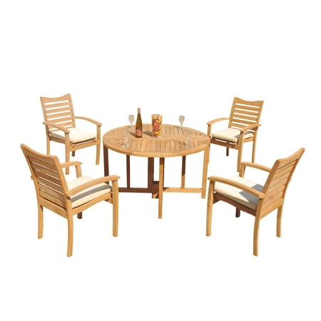 Grade-A Teak Dining Set: 4 Seater 5 Pc: 48" Round Butterfly Table And 4 Aspen Stacking Arm Chairs Outdoor Patio WholesaleTeak #51AP0905