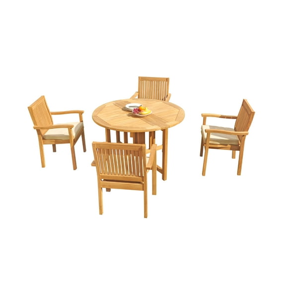 Grade-A Teak Dining Set: 4 Seater 5 Pc: 48" Round Butterfly Table And 4 Leveb Stacking Arm Chairs Outdoor Patio WholesaleTeak #51LV0905