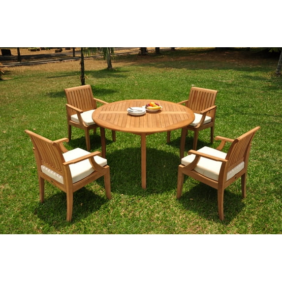 Grade-A Teak Dining Set: 4 Seater 5 Pc: 52" Round Table And 4 Lagos Arm Chairs Outdoor Patio WholesaleTeak #WMLGk