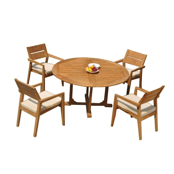 Grade-A Teak Dining Set: 4 Seater 5 Pc: 60" Round Table And 4 Vellore Stacking Arm Chairs Outdoor Patio WholesaleTeak #51VL1205