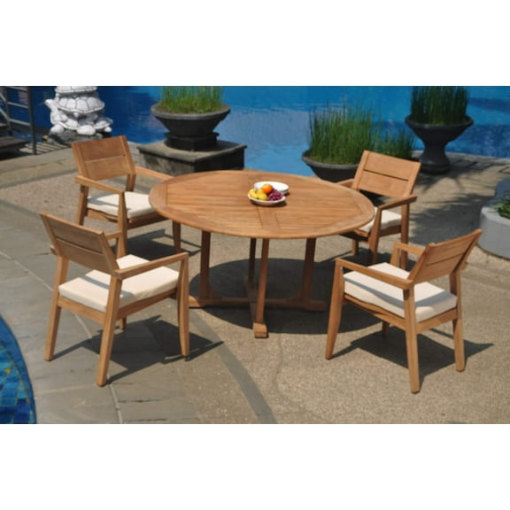 Grade-A Teak Dining Set: 4 Seater 5 Pc: 60" Round Table And 4 Vellore Stacking Arm Chairs Outdoor Patio WholesaleTeak #WMDSWVm