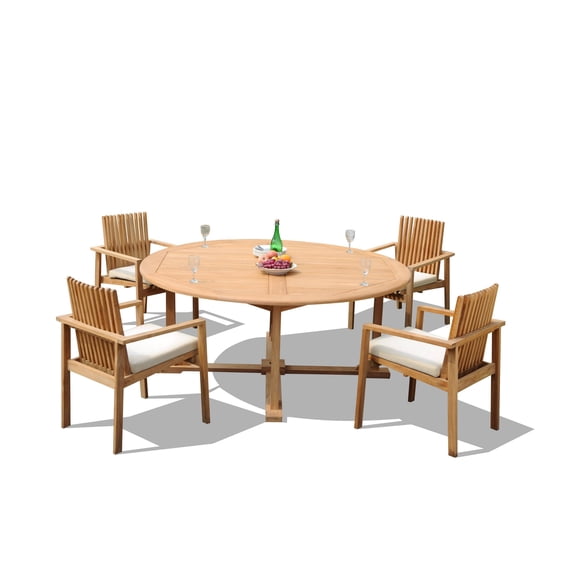 Grade-A Teak Dining Set: 4 Seater 5 Pc: 72" Round Table And 4 Clipper Stacking Arm Chairs Outdoor Patio WholesaleTeak #51CP1705