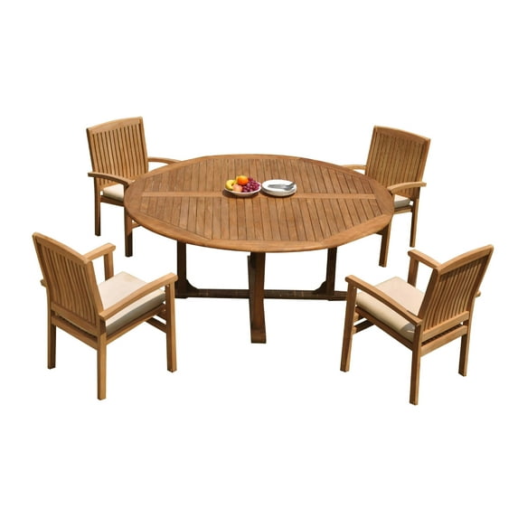 Grade-A Teak Dining Set: 4 Seater 5 Pc: 72" Round Table And 4 Wave Stacking Arm Chairs Outdoor Patio WholesaleTeak #51WV1705
