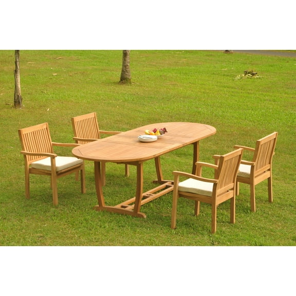 Grade-A Teak Dining Set: 4 Seater 5 Pc: 94" Mas Oval Trestle Leg Table And 4 Leveb Stacking Arm Chairs Outdoor Patio WholesaleTeak #WMDSWVm
