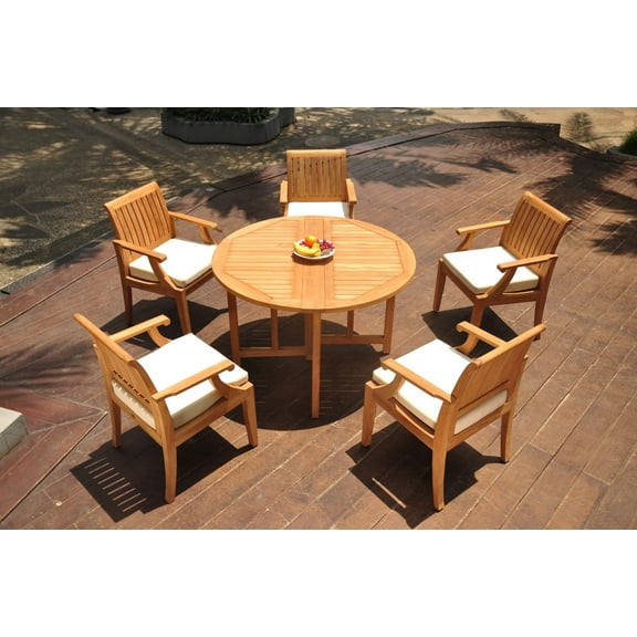 Grade-A Teak Dining Set: 5 Seater 6 Pc: 48" Round Butterfly Table And 5 Lagos Arm Chairs Outdoor Patio WholesaleTeak #WMLG9