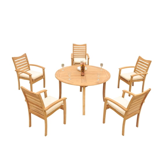 Grade-A Teak Dining Set: 5 Seater 6 Pc: 52" Round Table And 5 Aspen Stacking Arm Chairs Outdoor Patio WholesaleTeak #51AP1106