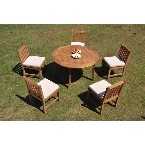 Grade-A Teak Dining Set: 5 Seater 6 Pc: 52" Round Table And 5 Devon Armless Chairs Outdoor Patio WholesaleTeak #WMDV58