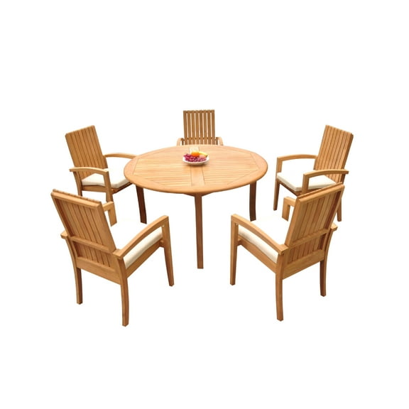 Grade-A Teak Dining Set: 5 Seater 6 Pc: 52" Round Table And 5 Goa Stackng Arm Chairs Outdoor Patio WholesaleTeak #51GO0306