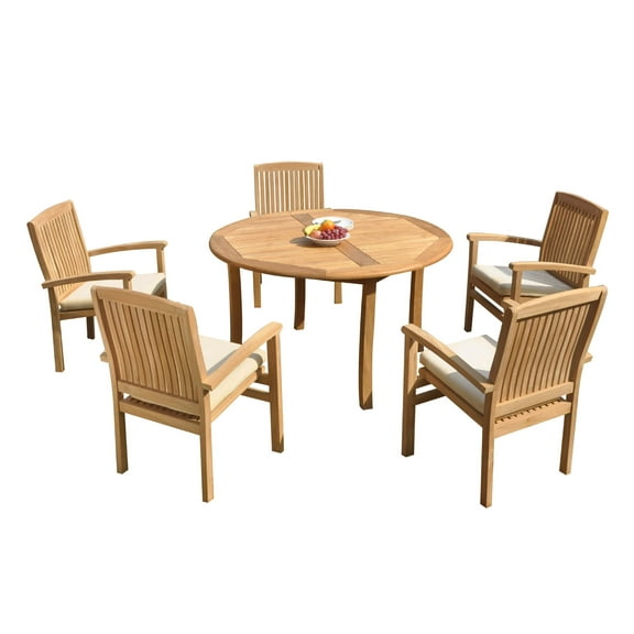 Grade-A Teak Dining Set: 5 Seater 6 Pc: 52" Round Table And 5 Wave Stacking Arm Chairs Outdoor Patio WholesaleTeak #51WV1106