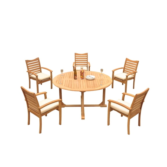 Grade-A Teak Dining Set: 5 Seater 6 Pc: 60" Round Table And 5 Aspen Stacking Arm Chairs Outdoor Patio WholesaleTeak #51AP1206