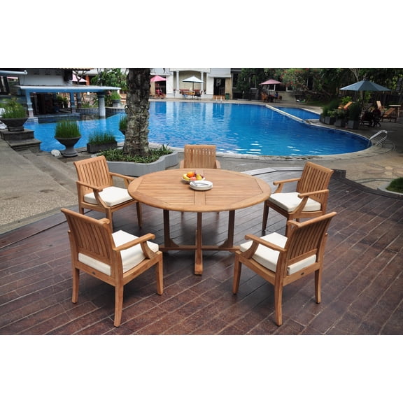 Grade-A Teak Dining Set: 5 Seater 6 Pc: 60" Round Table And 5 Lagos Arm Chairs Outdoor Patio WholesaleTeak #WMLG2