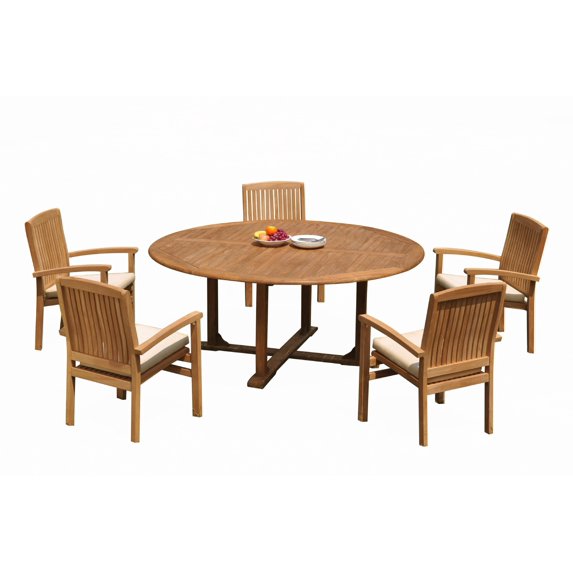 Grade-A Teak Dining Set: 5 Seater 6 Pc: 72" Round Table And 5 Wave Stacking Arm Chairs Outdoor Patio WholesaleTeak #51WV1706