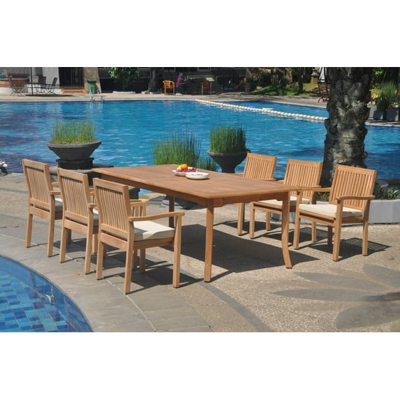 Grade-A Teak Dining Set: 6 Seater 7 Pc: 118" Double Extension Rectangle Table And 6 Leveb Stacking Arm Chairs Outdoor Patio WholesaleTeak #WMDSWVm