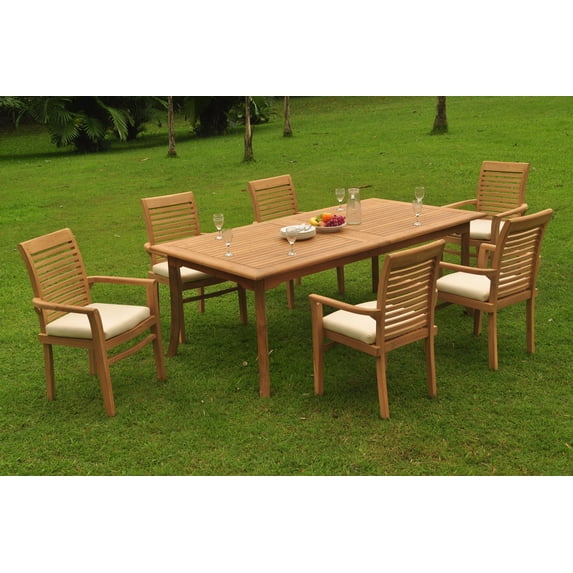 Grade-A Teak Dining Set: 6 Seater 7 Pc: 118" Double Extension Rectangle Table And 6 Mas Stacking Arm Chairs Outdoor Patio WholesaleTeak #WMDSMS32