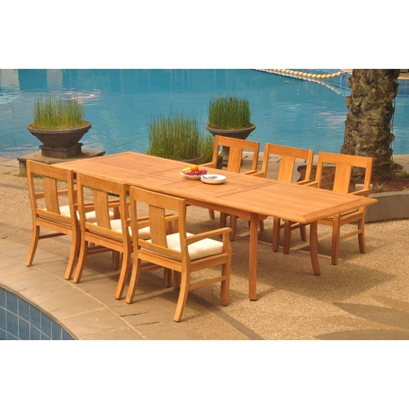 Grade-A Teak Dining Set: 6 Seater 7 Pc: 118" Double Extension Rectangle Table And 6 Osborne Arm Chairs Outdoor Patio WholesaleTeak #WMDSWVm