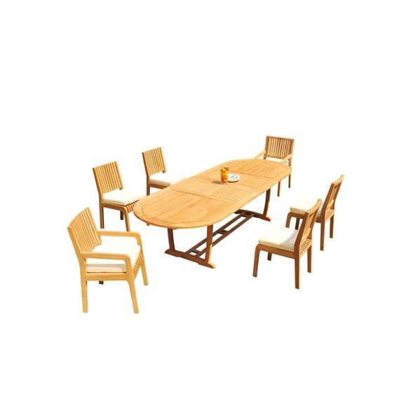 Grade-A Teak Dining Set: 6 Seater 7 Pc: 118" Mas Oval Trestle Leg Table And 6 Maldives Chairs (2 Arm & 4 Armless Chairs) WholesaleTeak #51ML2707