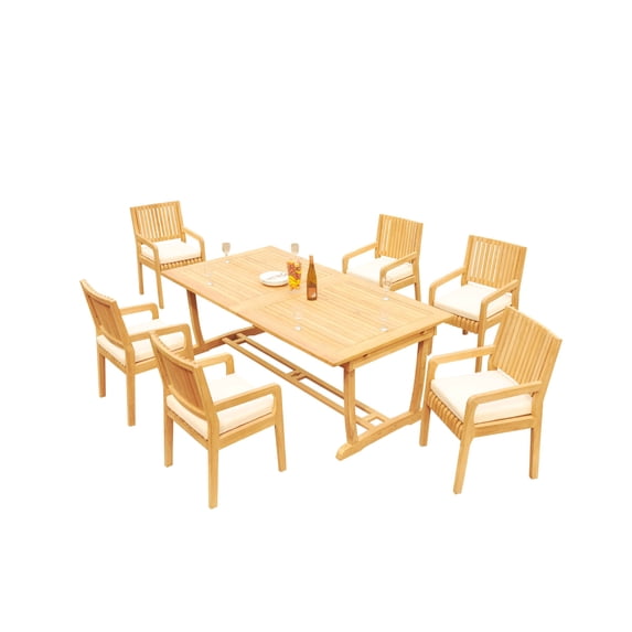 Grade-A Teak Dining Set: 6 Seater 7 Pc: 118" Mas Rectangle Trestle Leg Table And 6 Maldives Arm Chairs Outdoor Patio WholesaleTeak #51ML2507