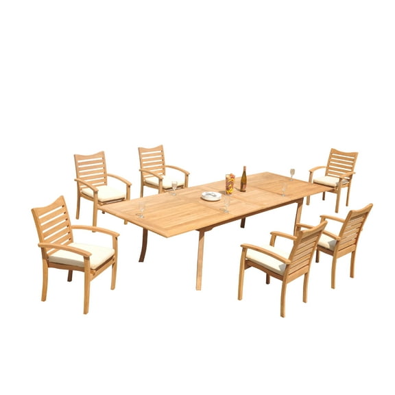 Grade-A Teak Dining Set: 6 Seater 7 Pc: 118" Rectangle Table And 6 Aspen Stacking Arm Chairs Outdoor Patio WholesaleTeak #51AP2407