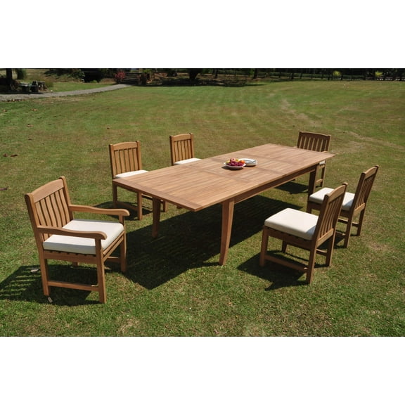 Grade-A Teak Dining Set: 6 Seater 7 Pc: 122" Atnas Double Extension Rectangle Table And 6 Devon Chairs (2 Arm & 4 Armless Chairs) WholesaleTeak #WMDV64
