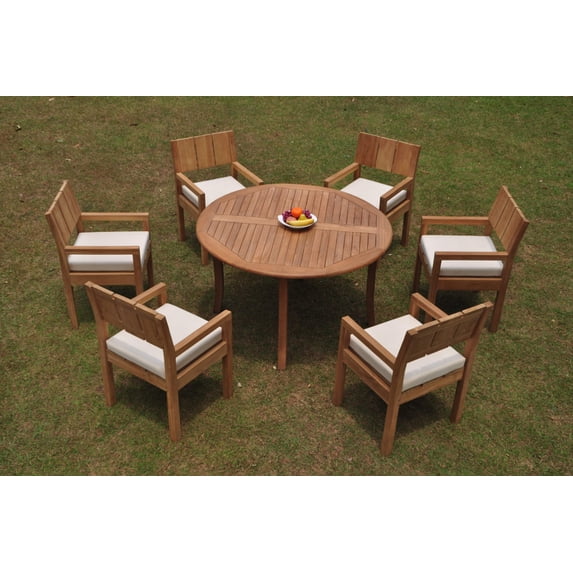 Grade-A Teak Dining Set: 6 Seater 7 Pc: 52" Round Table And 6 Veranda Arm Chairs Outdoor Patio WholesaleTeak #WMVRf