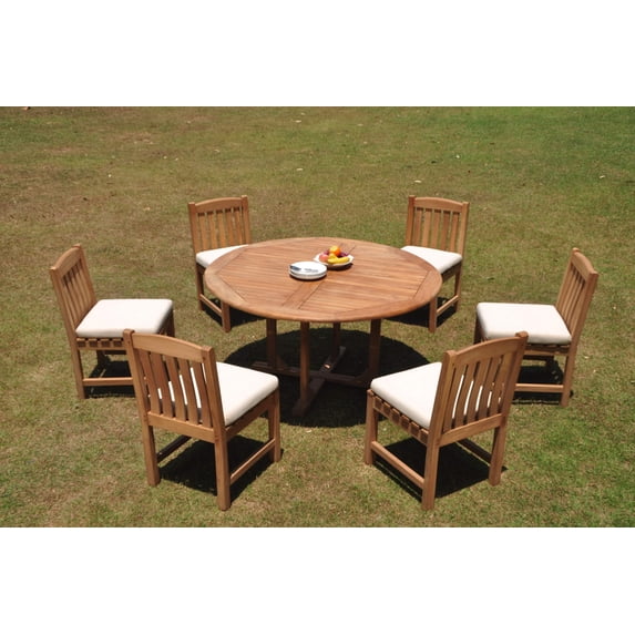 Grade-A Teak Dining Set: 6 Seater 7 Pc: 60" Round Table And 6 Devon Armless Chairs Outdoor Patio WholesaleTeak #WMDV76