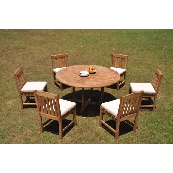 Grade-A Teak Dining Set: 6 Seater 7 Pc: 60" Round Table And 6 Devon Armless Chairs Outdoor Patio WholesaleTeak #WMDV76