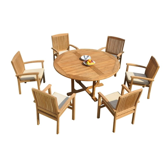 Grade-A Teak Dining Set: 6 Seater 7 Pc: 60" Round Table And 6 Wave Stacking Arm Chairs Outdoor Patio WholesaleTeak #51WV1207