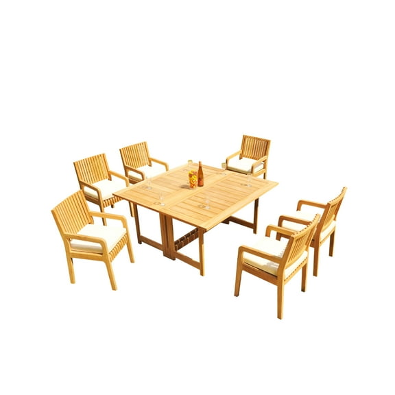 Grade-A Teak Dining Set: 6 Seater 7 Pc: 60" Square Rectangle Butterfly Table And 6 Maldives Arm Chairs Outdoor Patio WholesaleTeak #51ML1407