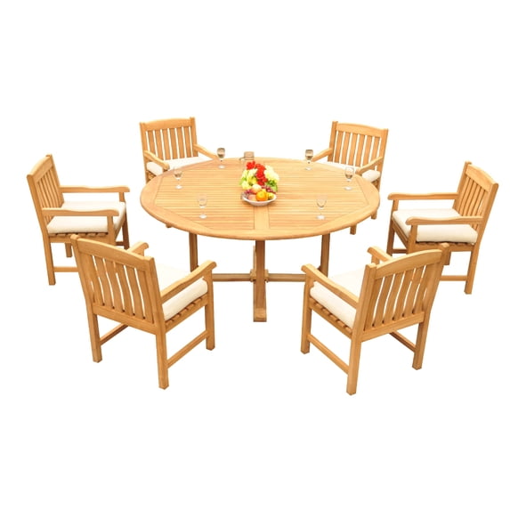 Grade-A Teak Dining Set: 6 Seater 7 Pc: 72" Round Table And 6 Devon Arm Chairs Outdoor Patio WholesaleTeak #51DV1707