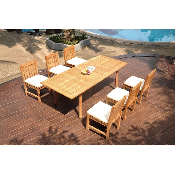 Grade-A Teak Dining Set: 6 Seater 7 Pc: 94" Double Extension Rectangle Table And 6 Devon Armless Chairs Outdoor Patio WholesaleTeak #WMDV80