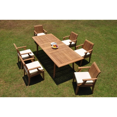 Grade-A Teak Dining Set: 6 Seater 7 Pc: 94" Double Extension Rectangle Table And 6 Lagos Arm Chairs Outdoor Patio WholesaleTeak #WMLGg