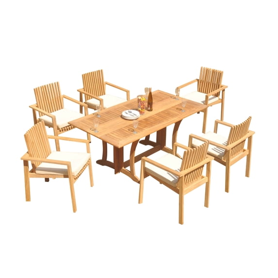 Grade-A Teak Dining Set: 6 Seater 7 Pc: Warwick Console Folding Rectangle Table And 6 Clipper Stacking Arm Chairs Outdoor WholesaleTeak #51CP1507
